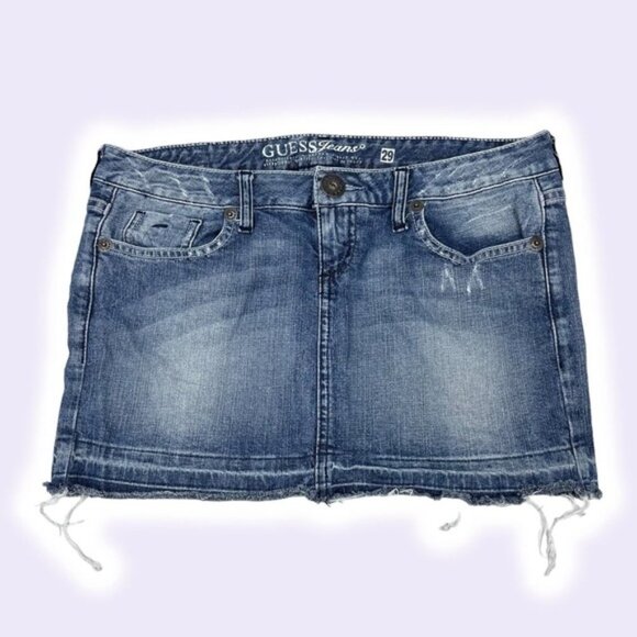 Guess Dresses & Skirts - GUESS Cut Off Distressed Denim Mini Skirt Sz 29 Rhinestone
